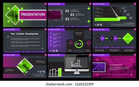 Presentation template. Green, purple, white, dark background. Multipurpose template for slides, business infographics. Postcard, brochure, corporate report, marketing, advertising, text, digital, vect