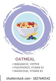 Presentation template of healthy breakfast: granola, muesli, cereal with berries in the bowl. Information banner about the benefits of oatmeal and content of useful substances and vitamins in it