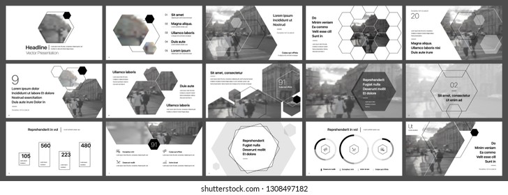 Presentation template. Hexagonal elements for slide presentations on a white background. Use also as a flyer, brochure, corporate report, marketing, advertising, annual report, banner. Vector