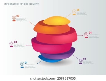 A presentation template with an infographic element in the form of a 3D sphere cut into six parts with offset elements