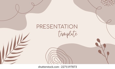 Plantilla de presentación. Fondo vectorial mínimo natural floral neutro con formas orgánicas y hojas para presentaciones de negocios cosméticos