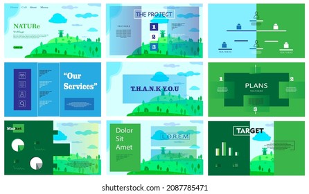 Presentation template with nature theme. Landing page, web design, brochure, flyer, banner, poster, page. Home page. Background template. UI, UX. Template set, element set. 