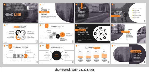 Presentation template. Orange elements for slide presentations on a white background. Use also as a flyer, brochure, corporate report, marketing, advertising, annual report, banner.