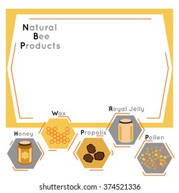 presentation template page of  honey. Natural Bee Products. Page with honey, propolis, pollen, wax, Royal jelly and honeycomb. Vector illustration