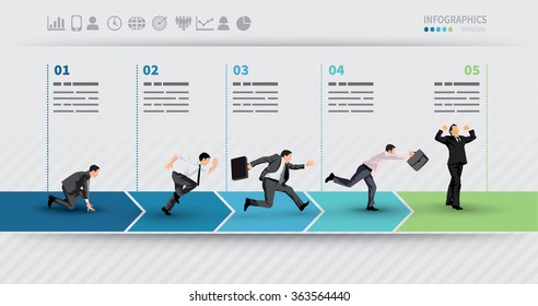 Presentation Template of a progress illustrated with businessman in hurry in each step