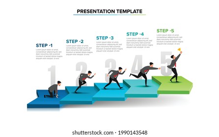 Presentation Template of a Progress Steps illustrated with businessman in hurry in each step