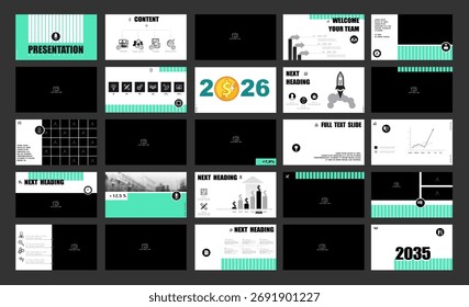 Presentation template. Set, infographic elements, abstract green design, white background. Business project launch for 2026, corporate photo, PowerPoint. Slideshow, annual report. Vector illustration