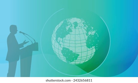 A Presentation Template Shows A Keynote Speaker on A Podium with A Global Network Background.