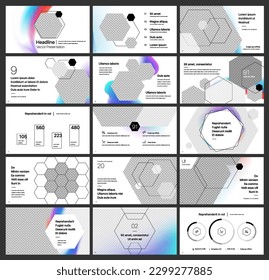 Plantilla de presentación, diapositiva con infografía. Diseño de fondo con formas geométricas y gradiente de malla borrosa con efecto de humo colorido