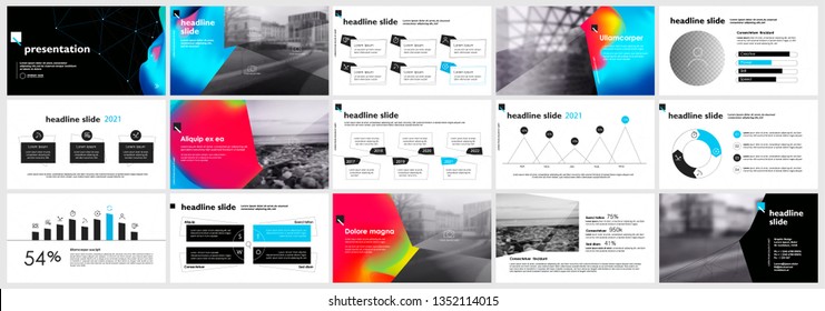 Presentation template, slides with charts, diagrams and infographics in bright colors. Vector graphic elements for reports, marketing, product presentation, projects and services.