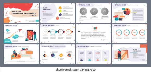 Presentation template, slides with illustrations and infographics in bright colors. Vector graphic elements for reports, marketing, product presentation, projects and services.