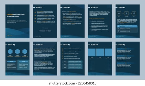 Presentation template. White and yellow elements on dark blue background. Vertical pages. Vector graphic pitch deck. Business coach guide. Сorporate report leaflet flyer pamphlet brochure