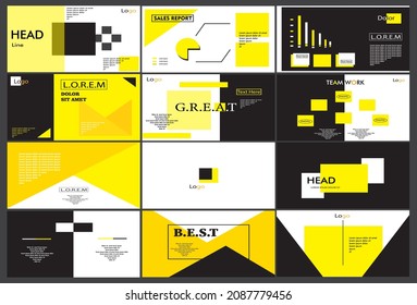 Plantilla de presentación con colores amarillo y negro. Página de aterrizaje, diseño web, folleto, volante, banner, afiche, página. Página principal. Plantilla de fondo. UI, UX. Conjunto de plantillas, conjunto de elementos. 