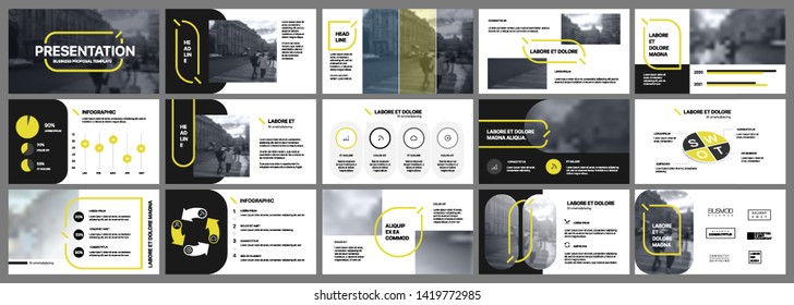 Presentation template, yellow and black infographic elements. Vector slide template for business project presentations and marketing.