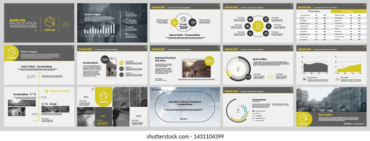 Presentation template, yellow and black infographic elements on white background.  Vector slide template for business project presentations and marketing.