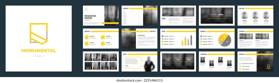 Presentation template in yellow colors and minimal logo. Presentation slides for wide screen include graph, diagram and icons. Corporate identity presentation for business company.