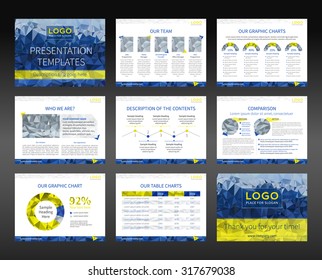 Presentation templates and business brochures. Layout design. Low-poly style illustration - blue and yellow version. Vector