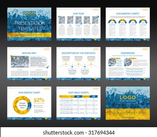 Presentation templates and business brochures. Layout design. Low-poly style illustration - cyan and yellow version. Vector