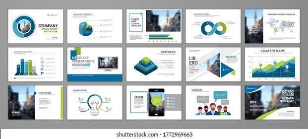 Presentation templates design. Vector templates portfolio with blue and green elements. Multipurpose template for brochure cover, annual report, advertising, presentation slide, flyer leaflet.