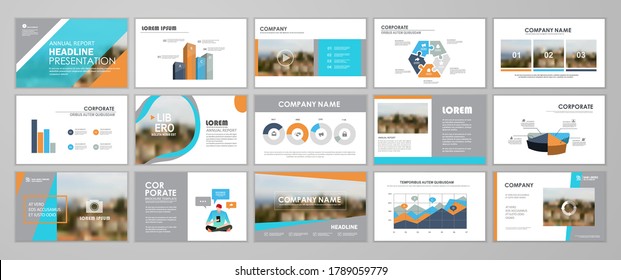 Presentation templates design. Vector templates portfolio with blue and orange elements. Multipurpose template for brochure cover, annual report, advertising, presentation slide, flyer leaflet.
