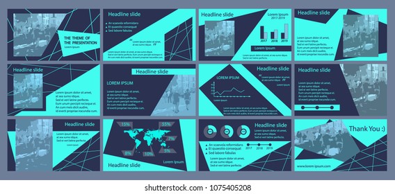 Presentation templates elements on blue background. Sample slide presentation layout for a digital portfolio, concept design flyer, leaflet, corporate report, banner. Vector infographics set.
