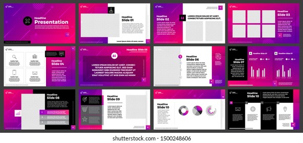 Presentation templates elements on a gradient pink & purple background. decorate with black & white icons graphic. Vector infographics. Use in Presentation, marketing, advertising, annual report.