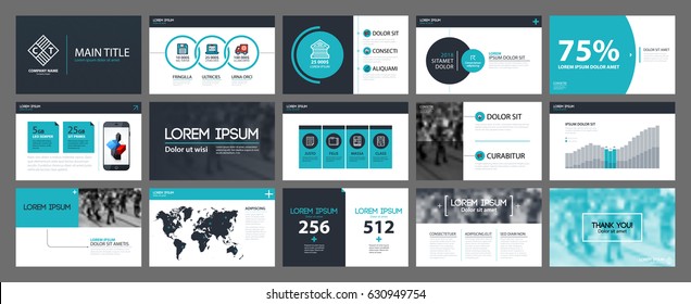 Presentation templates with infographics elements. Useful for annual reports and web design.