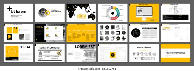 Presentation templates with infographics elements. Useful for annual reports and web design.