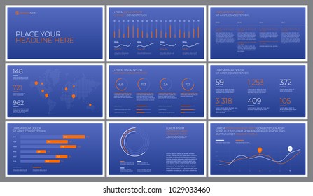 Presentation templates on a blue background with orange elements. Vector infographics. Use in Presentation, flyer and leaflet, corporate report, marketing, advertising, annual report, banner.