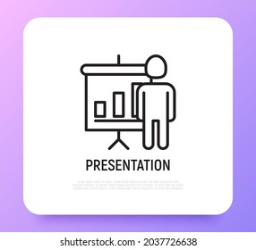 Präsentation dünner Linie Symbol, Platine mit Graphwachstum. Moderne Vektorgrafik von Konferenz, Vortrag, Tagung.