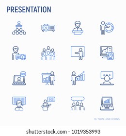 Presentation thin line icons set: seminar, human at tribune, meeting, projector , audience, video call, conference, discussion. Modern vector illustration.