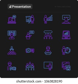 Presentation thin line icons set: seminar, human at tribune, meeting, projector, audience, video call, conference, discussion. Modern vector illustration for black theme.