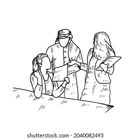 Presentation.	three team members discussing finished doing a presentation, a meeting file.	Retro vintage sketch vector illustration. Engraving style. black isolated on white background. vector draw 