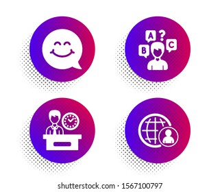Presentation time, Smile face and Quiz test icons simple set. Halftone dots button. International recruitment sign. Report, Chat, Interview. World business. People set. Vector