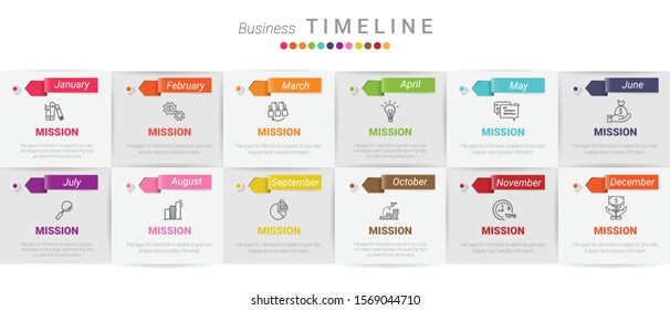 presentación Línea de tiempo, 12 meses, 1 año, el diseño de infografías de la línea de tiempo vectorial y el negocio de presentación se pueden utilizar para el concepto de negocio con 12 opciones, pasos o procesos. 