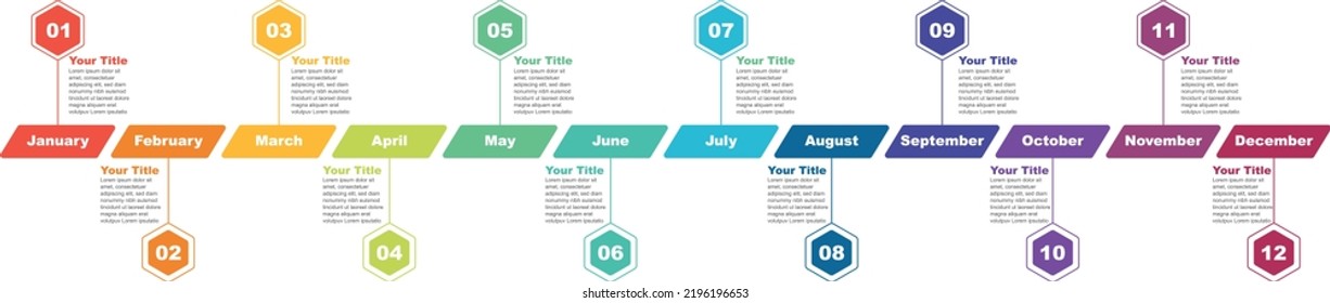 Plantilla de infografía de la línea de tiempo de presentación para 12 meses, 1 año, 12 meses Conceptos procesos o pasos de flujo de trabajo de la línea de tiempo, Hexogon infografía de la línea de tiempo