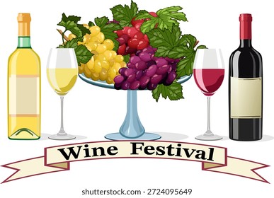 Presentación de la tradicional fiesta anual del vino y la uva. Ilustración vectorial en color con vino tinto y blanco y uvas, botellas y vasos sobre un fondo transparente con texto.