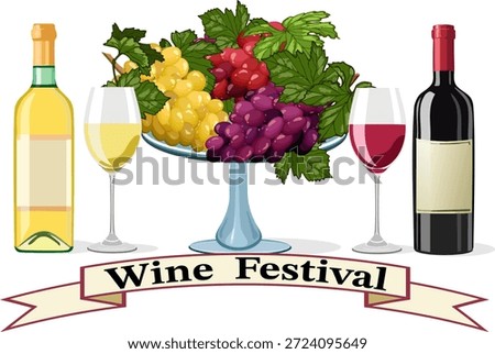 Presentation of the traditional annual wine and grape festival.Color vector illustration with red and white wine and grapes, bottles and glasses on a transparent background with text.