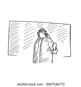 Presentation.	a trainer is presenting in front of the blackboard.	Retro vintage sketch vector illustration. Engraving style. black isolated on white background. vector draw graphic design illustration