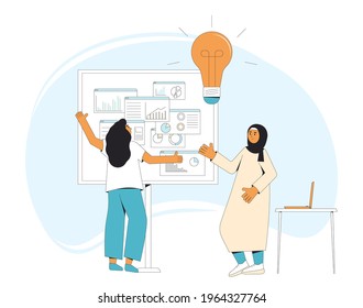 Presentation. Two professional women working together on a project report. Coworkers talking at brainstorming business meeting. Vector illustration.