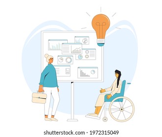 Presentation. Two professional women working together on a project report. Coworkers talking at brainstorming business meeting. Vector illustration.