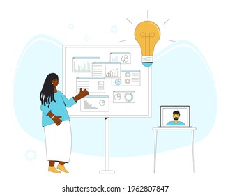 Presentation. Two professionals remote working together on a project report. Coworkers talking at brainstorming business meeting. Vector illustration.