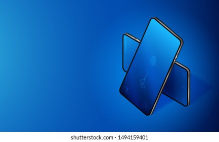 The presentation of the two smartphones. Modern technological devices. Technology unlock the touch phone with a fingerprint. Realistic 3d isometric illustration.