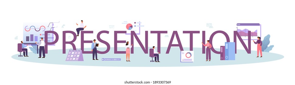 Presentation typographic header. Businesspeople in front of group of co-worker. Presenting business plan or report on a seminar. Pointing at the graph. Flat vector illustration