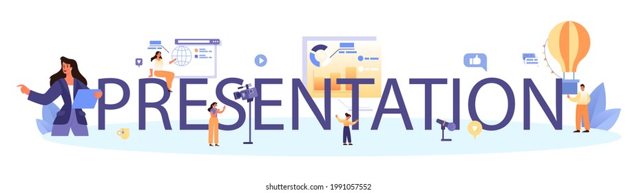 Encabezado tipográfico de presentación. El entretenimiento en la actividad social como campaña de marketing para la promoción empresarial. Acto especial u organización de celebración corporativa. Ilustración vectorial plana