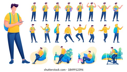 Presentation in various poses and actions character. Young Men. 2D Flat character vector illustration N1.
