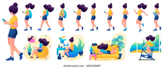 Presentación en diferentes poses y acciones. Muchacha. Ilustración vectorial de caracteres planos 2D N3