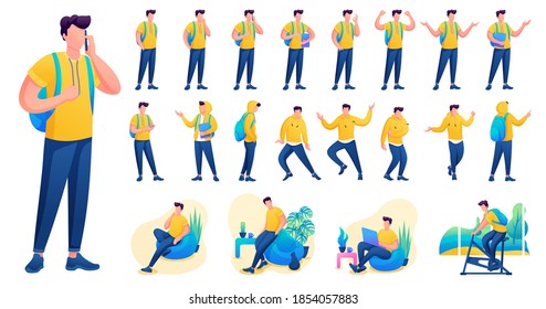 Presentation In Various Poses And Actions Character. Young Men. 2D Flat Character Vector Illustration.