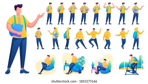 Presentation in various poses and actions character. Young Men. 2D Flat character vector illustration.