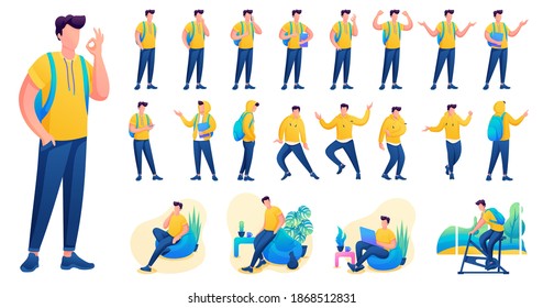Presentation in various poses and actions character. Young Men. 2D Flat character vector illustration N6.